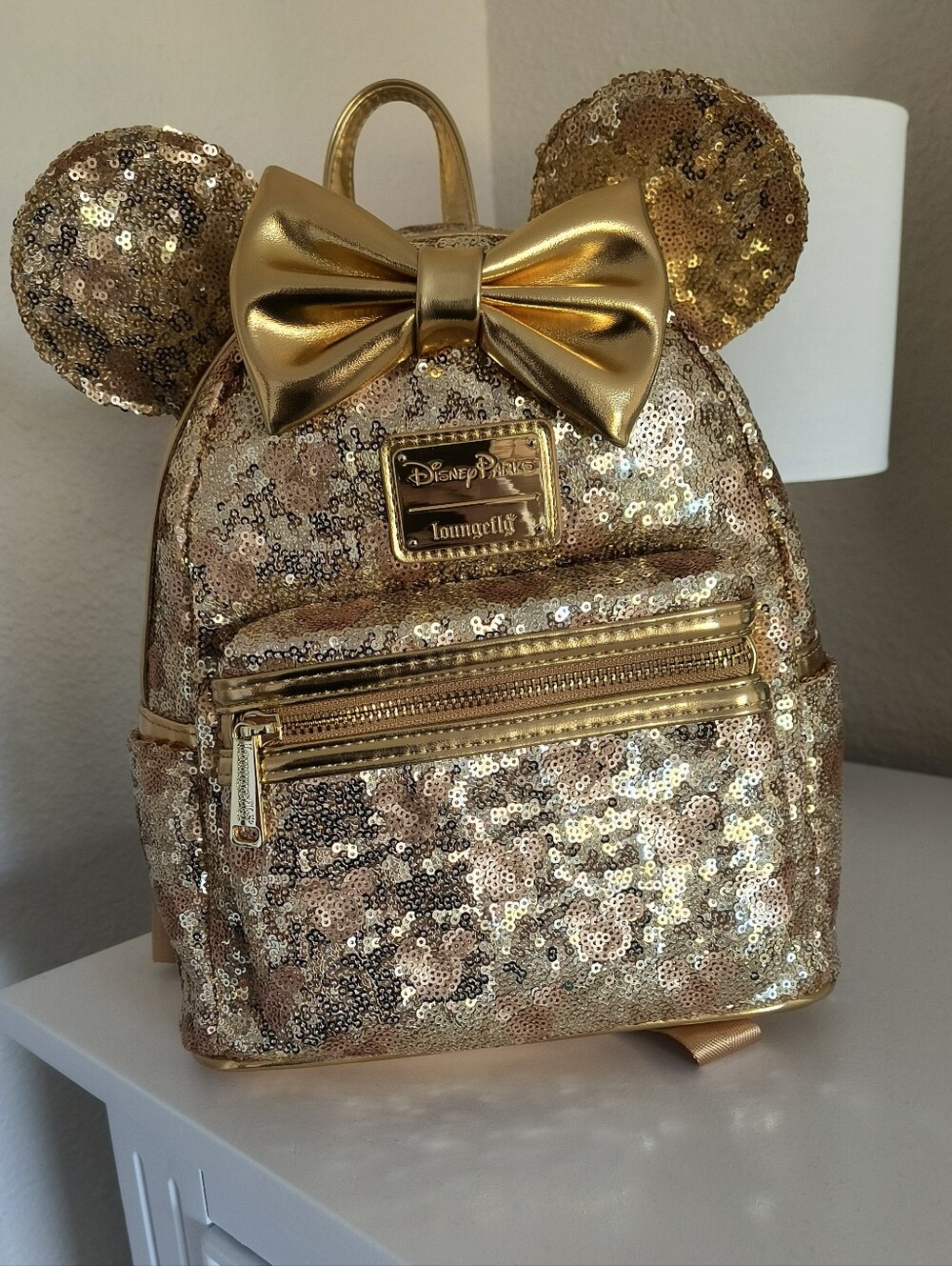 Loungefly Gold Sequin Minnie Ear Backpack with Metallic Bow
